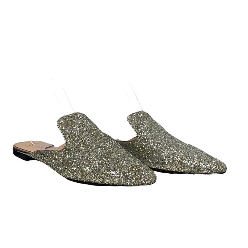 PERFECT FOR THE HOLIDAYS!! NO HEEL!! J Crew Glitter Slide Silver Flats 9.5
